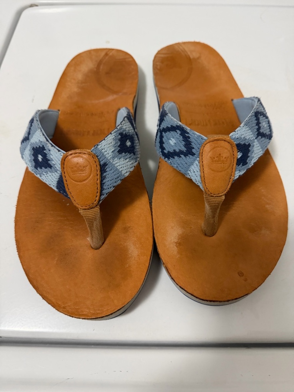 Peter Millar Tan Leather Flip-Flops with Blue Patterned Straps